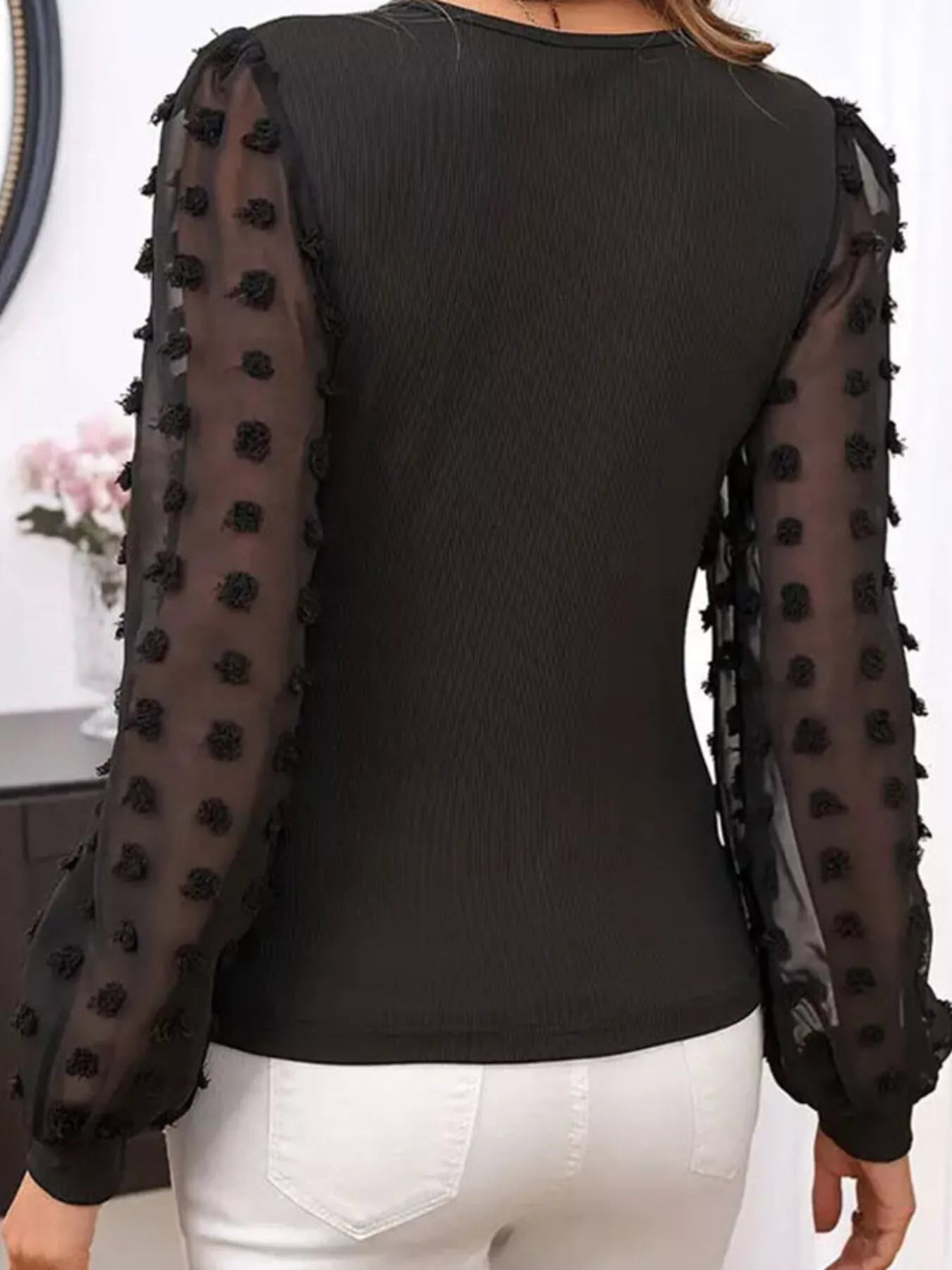 Mesh Sleeve Ribbed V-Neck Top – Chic Stylish Casual Blouse