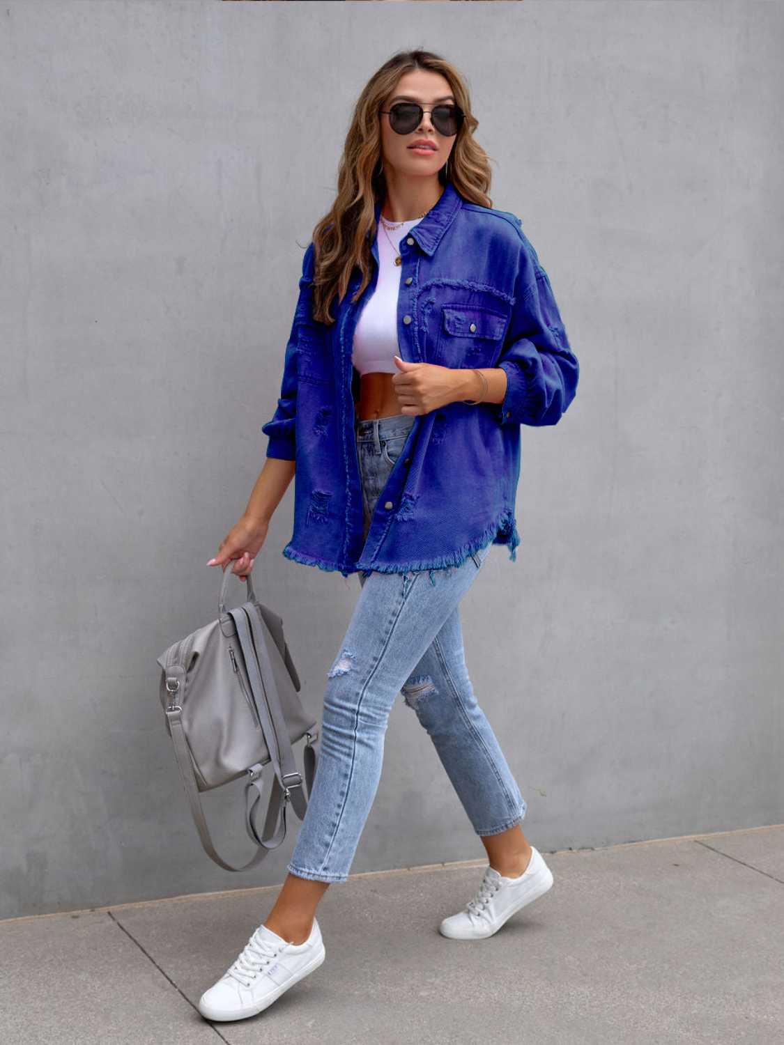 Distressed Drop Shoulder Denim Jacket – Casual Oversized Style