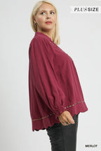Linen Scallop Hem Blouse Contrast Trim Elegant Women’s Casual Plus Top