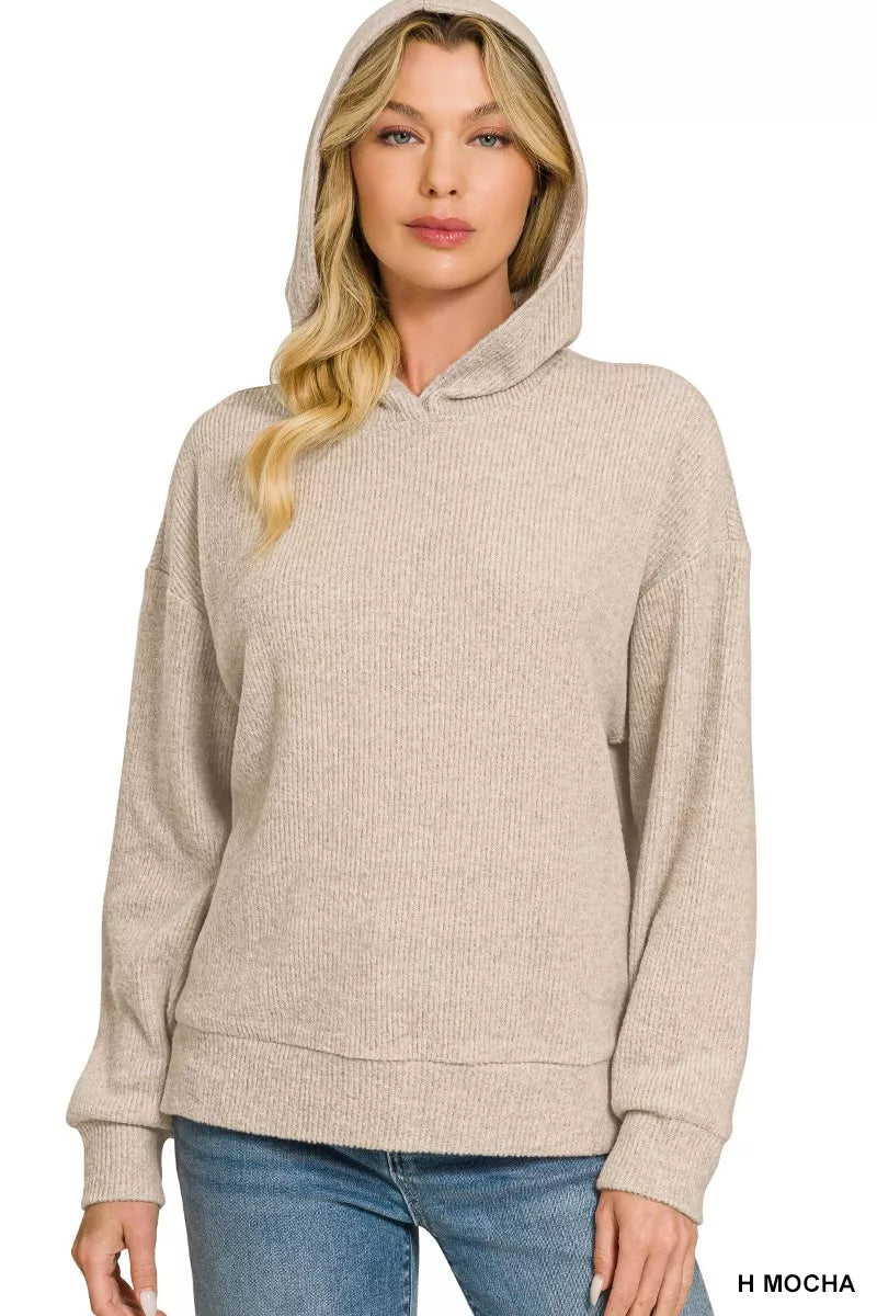 Women’s mocha knit hoodie pullover with brushed ribbed texture, kangaroo pocket and hood