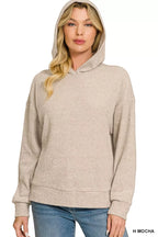 Women’s mocha knit hoodie pullover with brushed ribbed texture, kangaroo pocket and hood