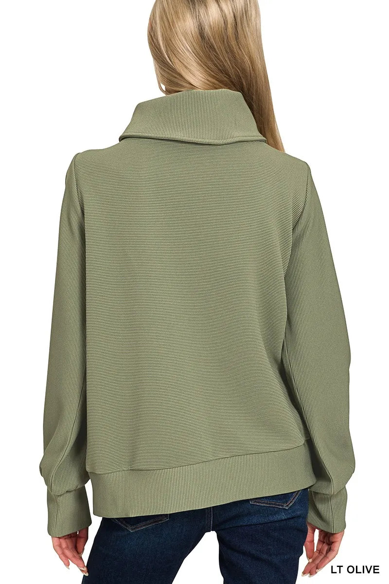 Olive Green Ribbed Knit Lounge Set – Half-Zip Hoodie & Palazzo Pants