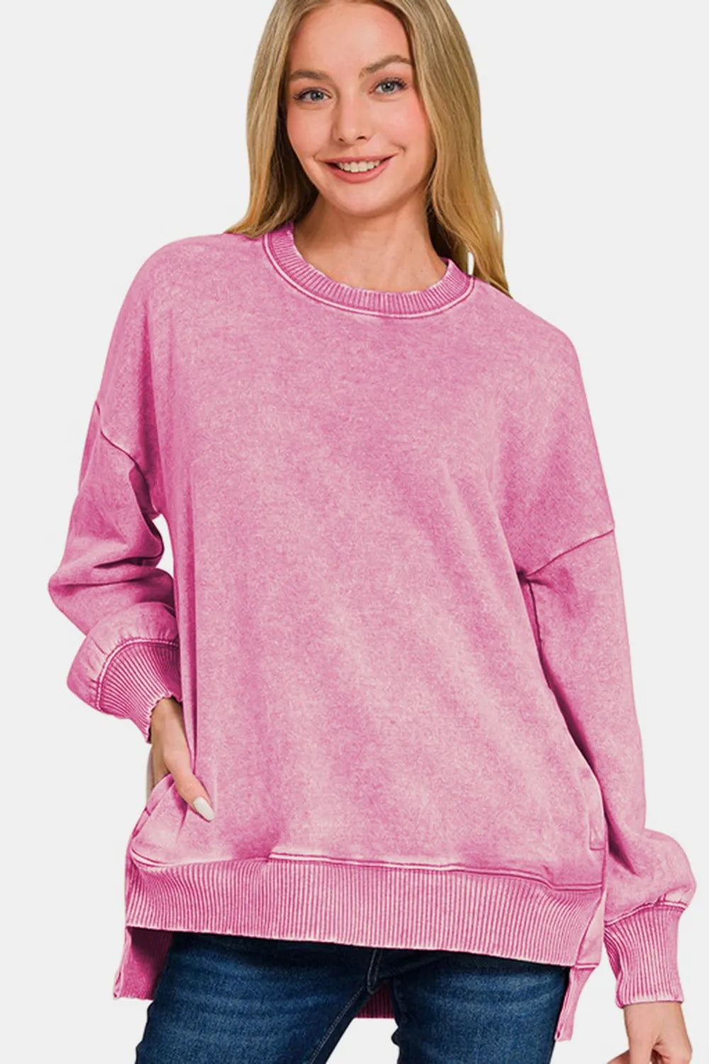 High-Low Acid Wash Fleece Sweatshirt – Vintage Casual Style