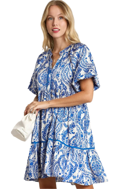 Umgee Printed Notched Puff Sleeve Mini Dress