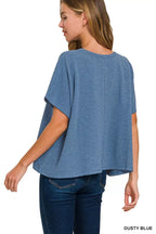 Women's dust blue oversized cotton slub tee, relaxed back, round neck, wide short sleeves