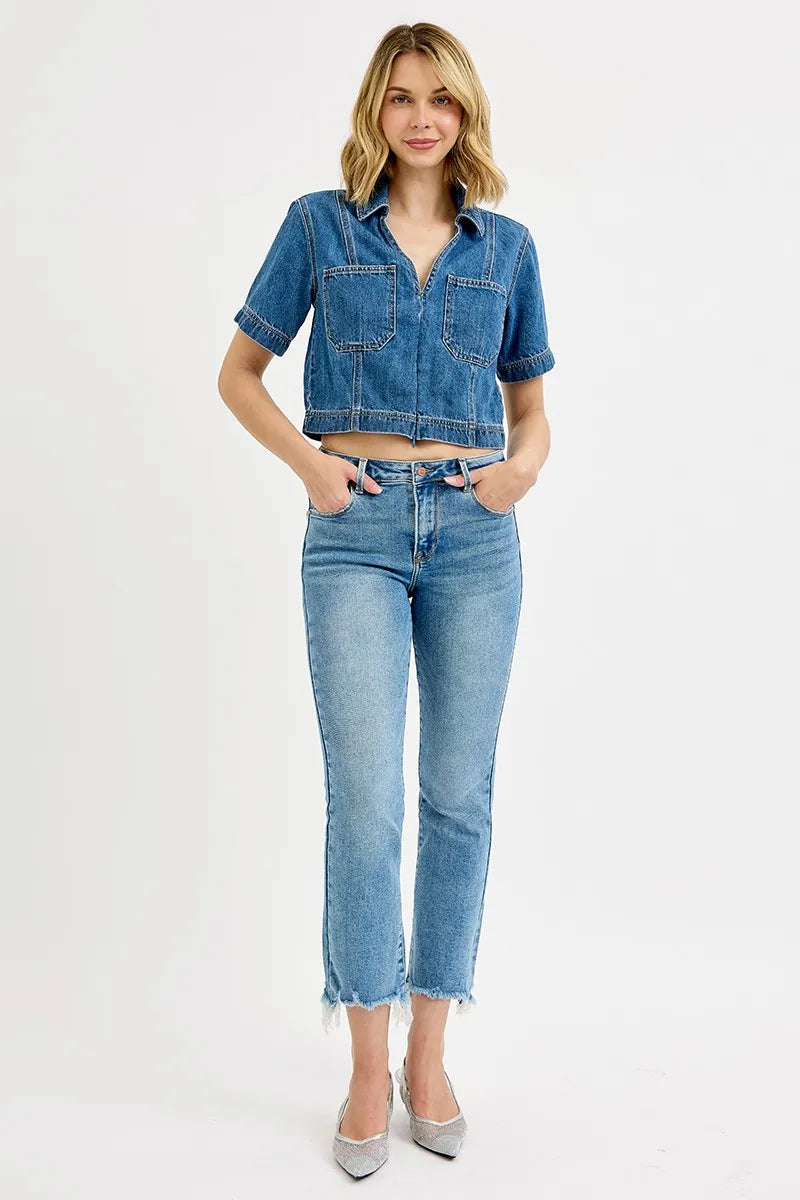 Cropped Straight Jeans – Mid Rise Light Vintage Wash with Raw Hem