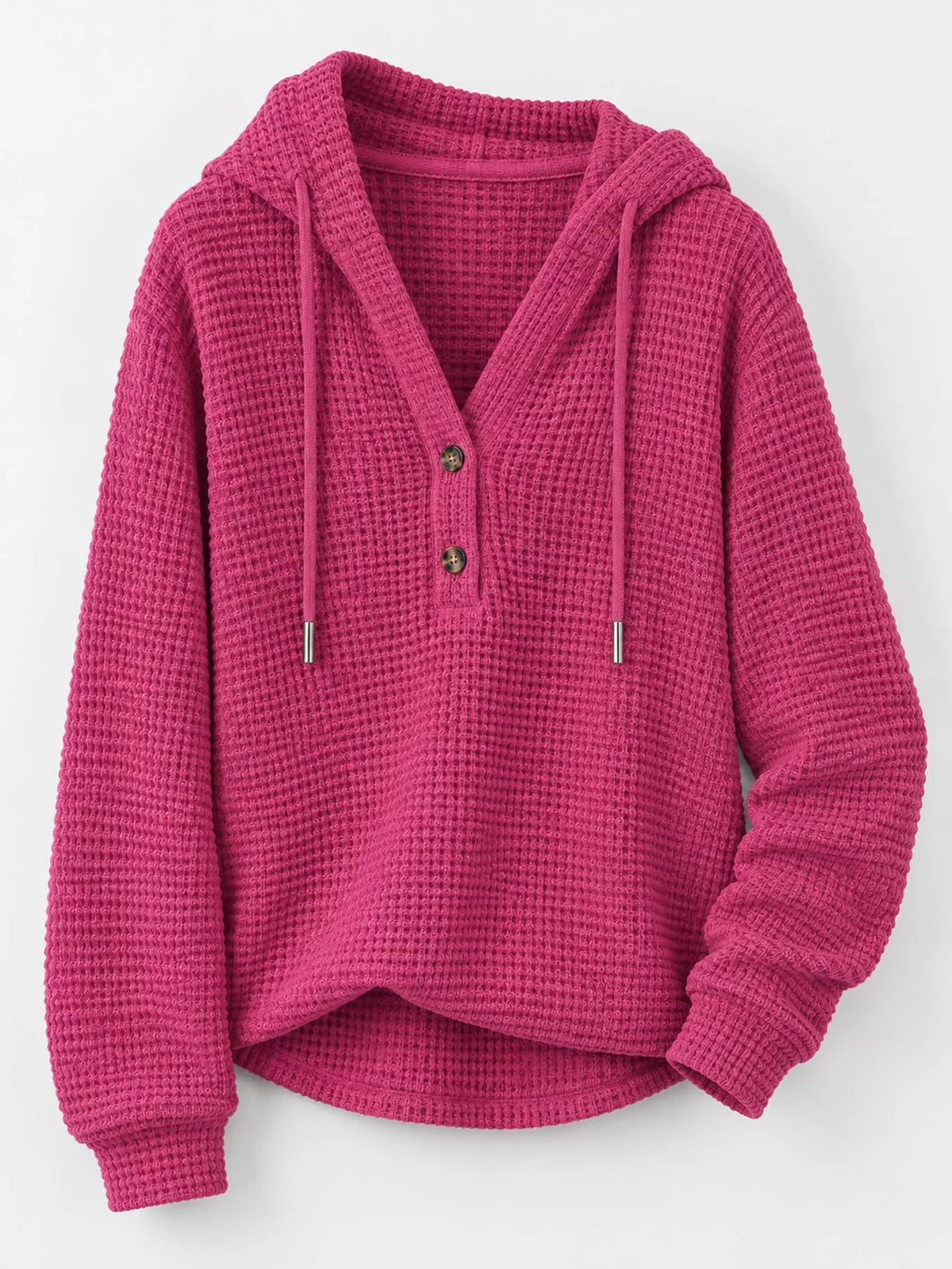 Waffle-knit button hoodie in fuchsia, front view with hood and long sleeves.