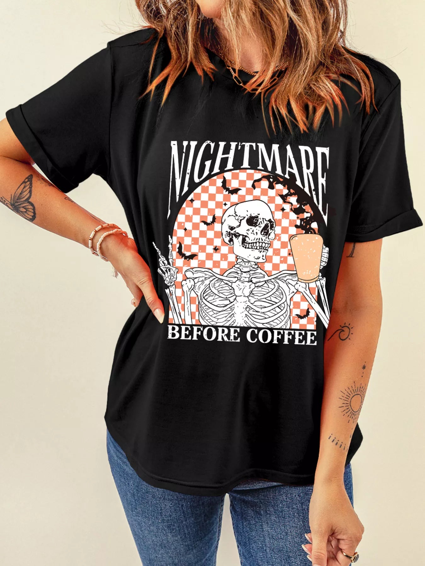 Halloween Skull Checkerboard Graphic Tee – Round Neck T-Shirt