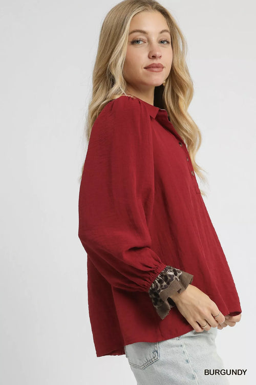Half Button Blouse with Leopard Print Trim – Trendy Chic Top