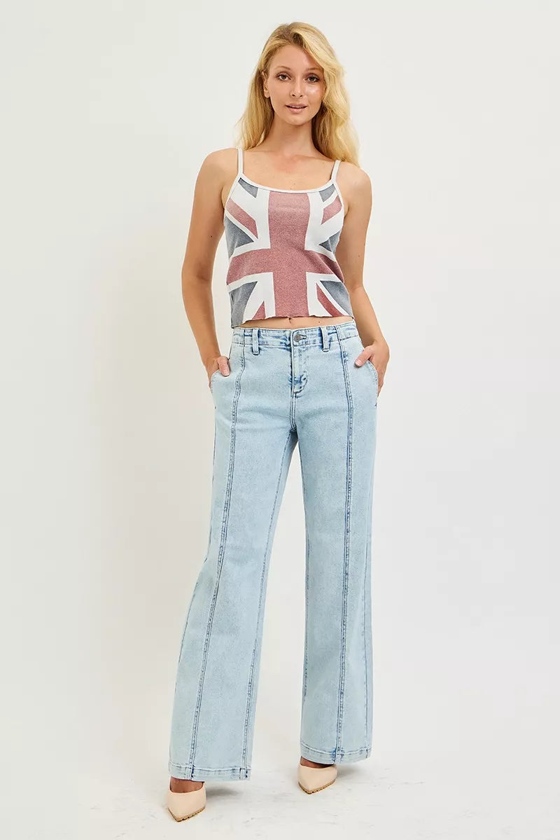 Light wash wide-leg jeans with button fly, belt loops, and slouchy straight leg