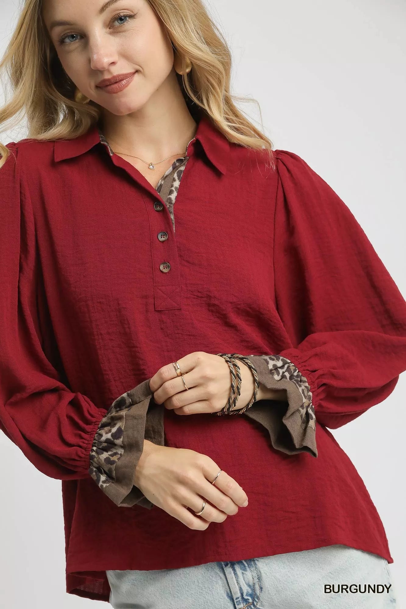 Half Button Blouse with Leopard Print Trim – Trendy Chic Top
