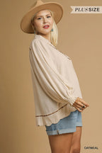 Linen Scallop Hem Blouse Contrast Trim Women’s Chic Casual Plus Top