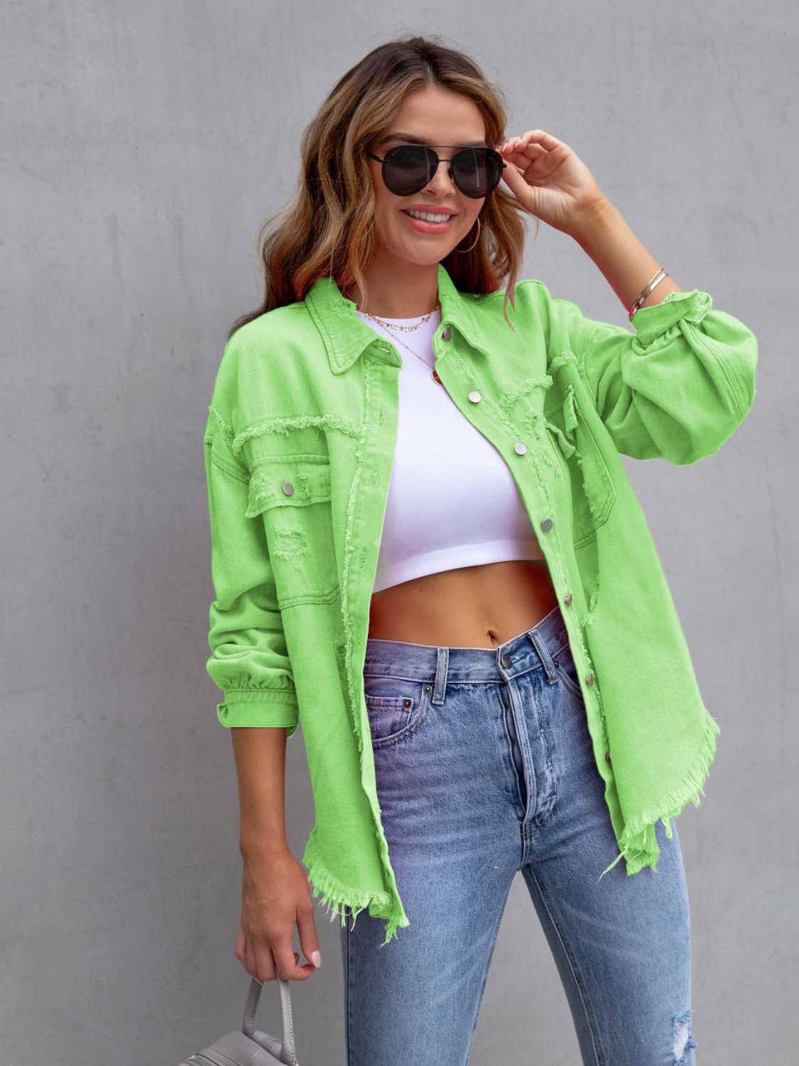 Distressed Drop Shoulder Denim Jacket – Casual Oversized Style