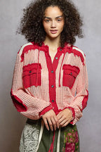 POL Textured Woven Hooded Shirt – Button Down with Drawstring Hem