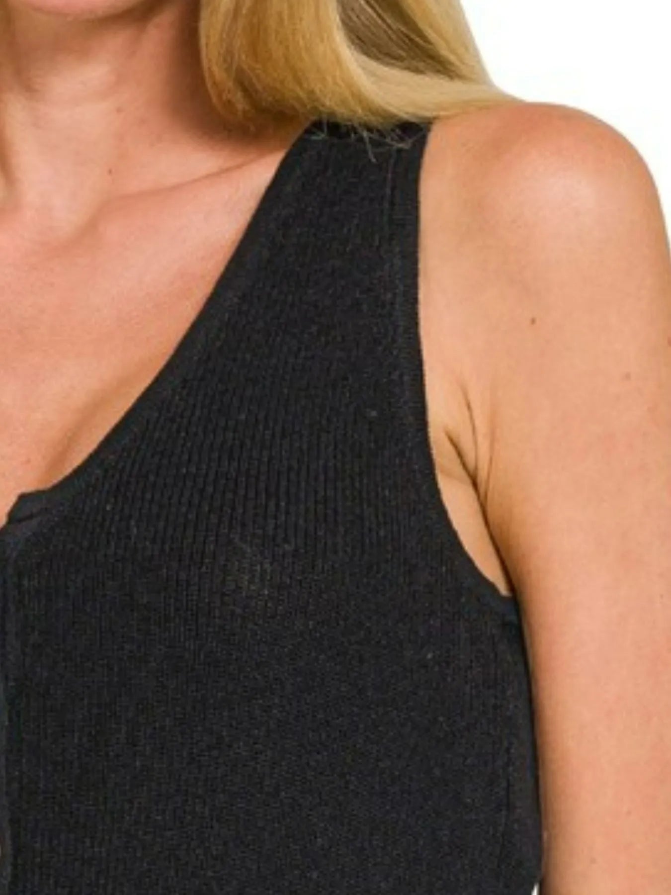Black Ribbed Knit Sleeveless Sweater Vest – Cropped V-Neck Style