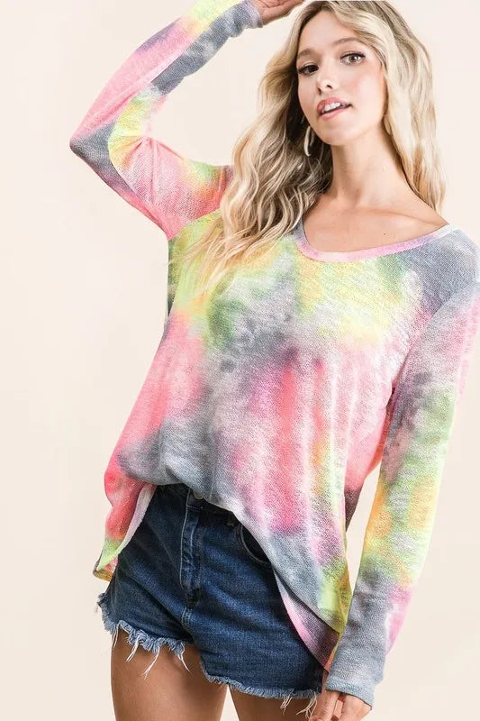 Tie-Dye Print Low Gauge Knit Top | Trendy Women’s Casual Lightweight Shirt