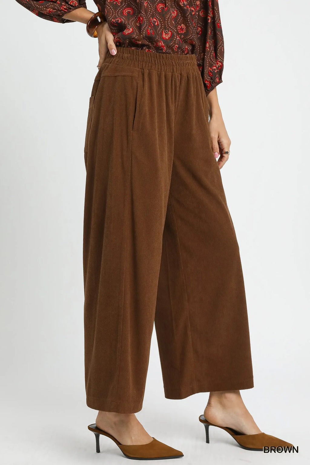 Brown Wide-Leg Palazzo Pants – Elastic Waist, Pockets & Flowy Fit