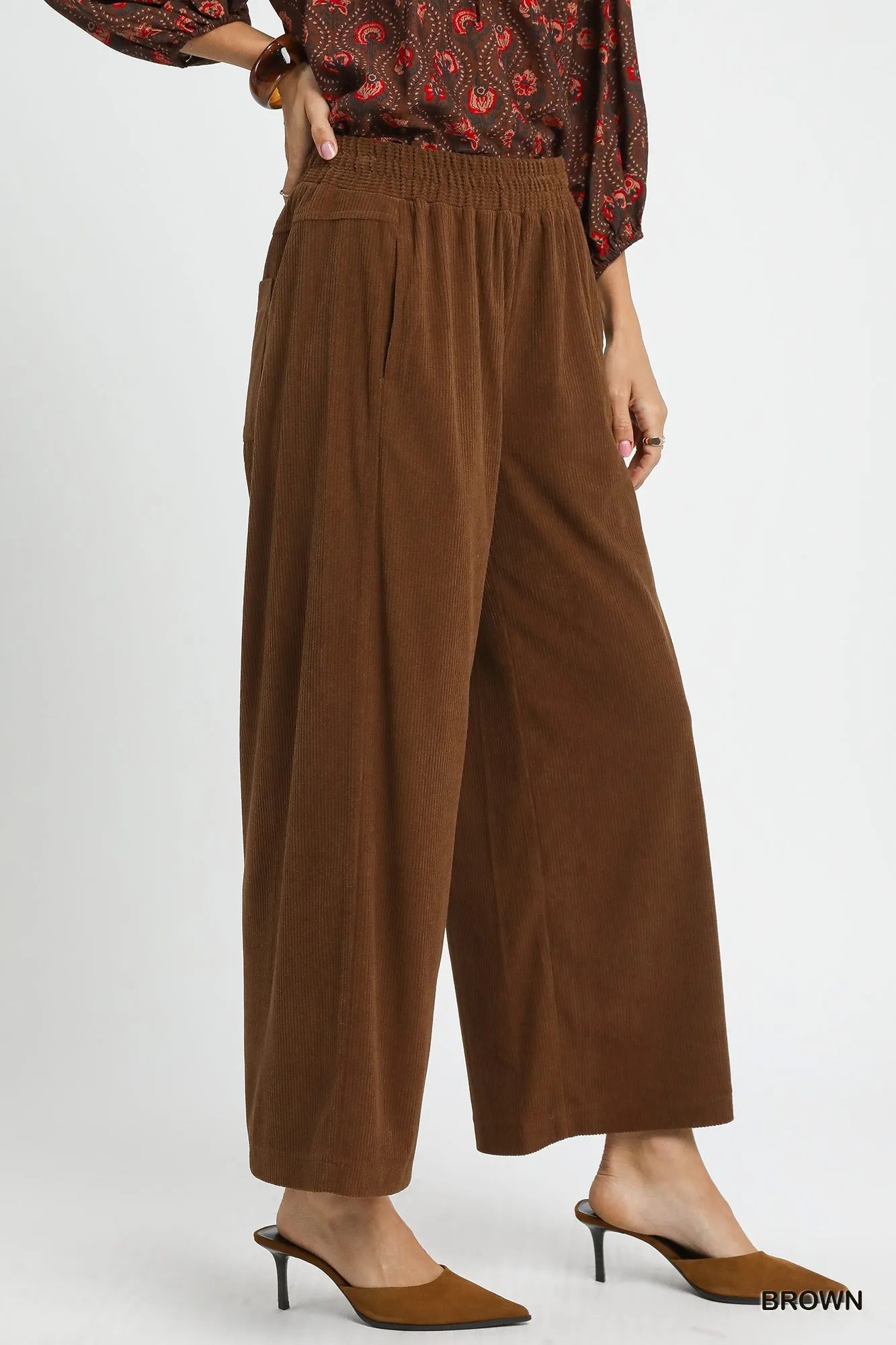 Brown Wide-Leg Palazzo Pants – Elastic Waist, Pockets & Flowy Fit