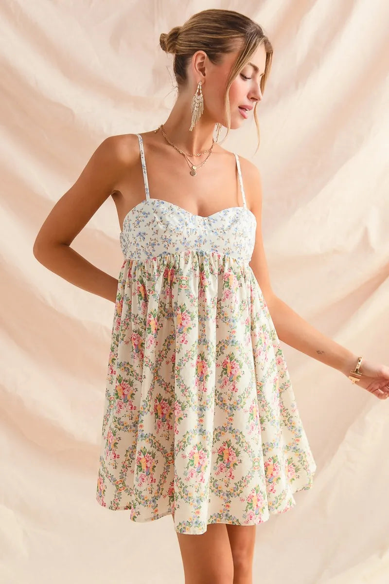 Romantic Floral Cami Dress with Lace Trim & Tiered Ruffle Skirt