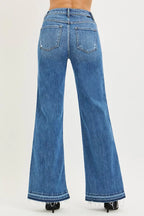 Women's high-rise wide-leg jeans, medium blue denim, back yoke and released hem