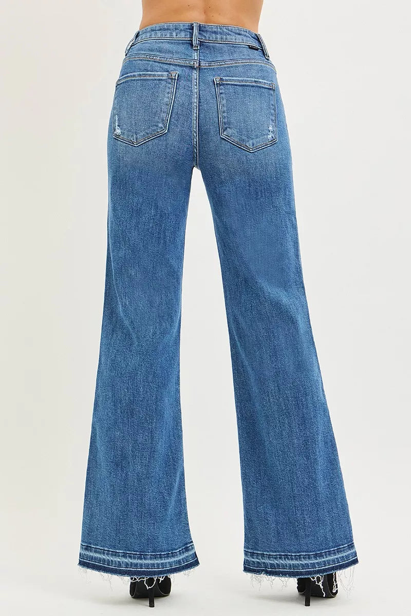 Women's high-rise wide-leg jeans, medium blue denim, back yoke and released hem