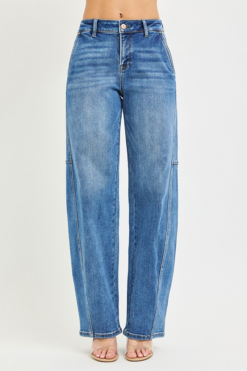 Medium-wash baggy jeans with button fly and relaxed straight legs, centered front