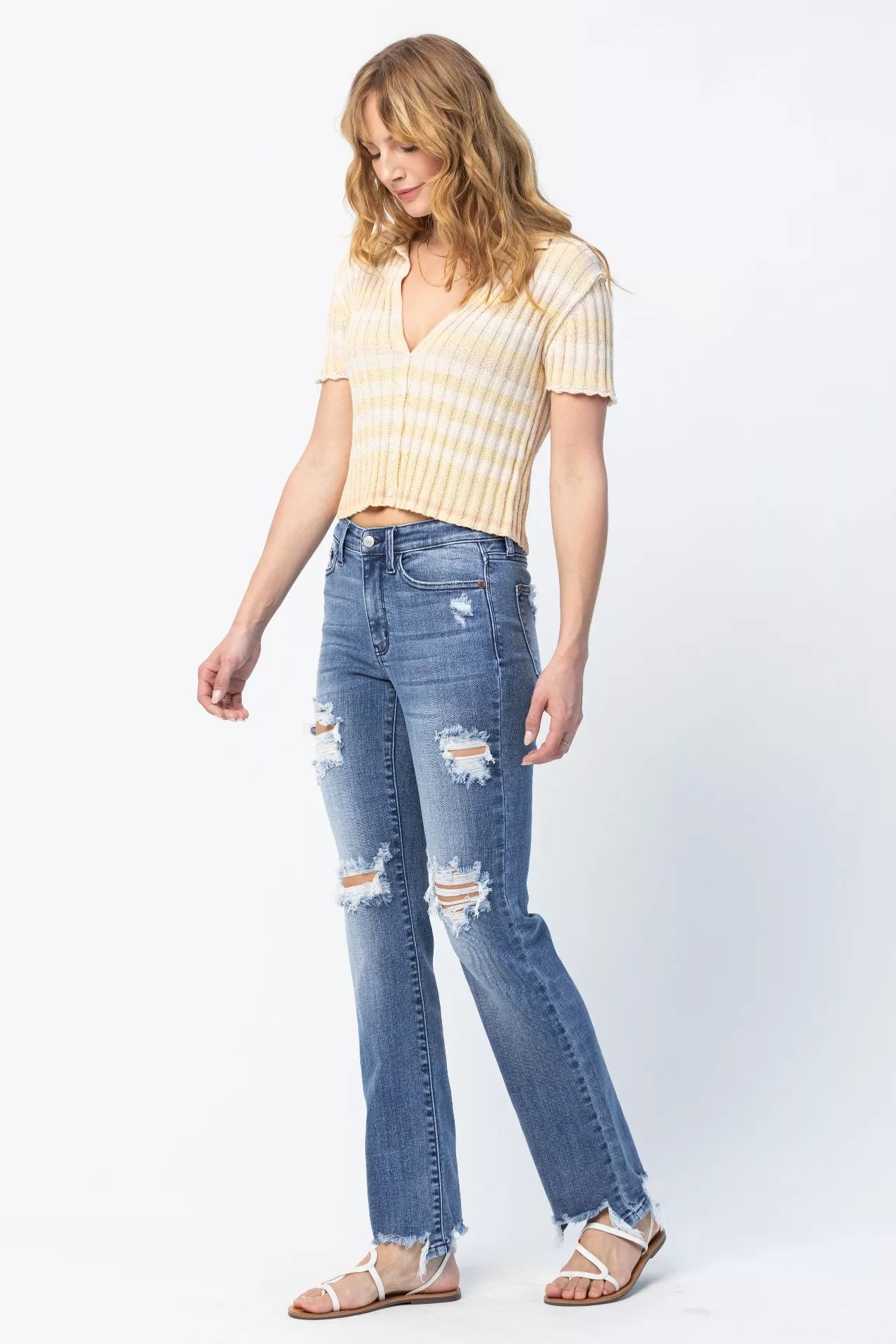 Judy Blue Mid Rise Destroy Straight Jeans – Trendy Distressed Style
