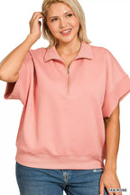 Zenana Scuba High Neck Half Zip Short Sleeve Pullover Top