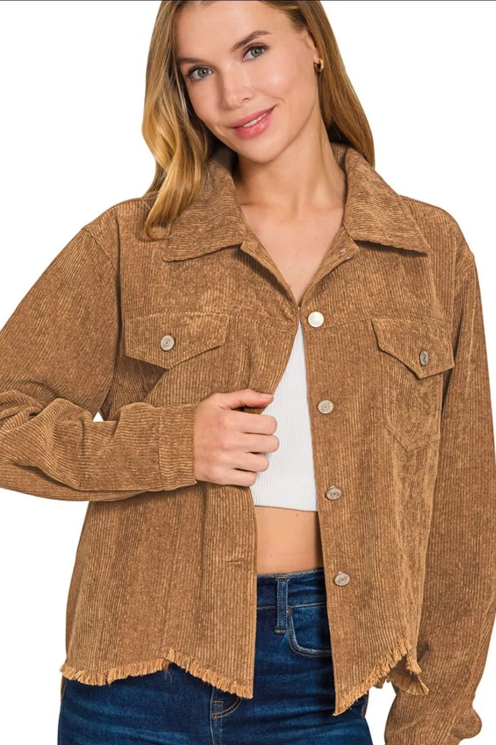Brown Corduroy Jacket – Button-Up, Frayed Hem & Vintage-Inspired Style