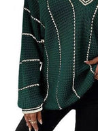 Dark green V-neck textured knit sweater with long sleeves and white striped bands