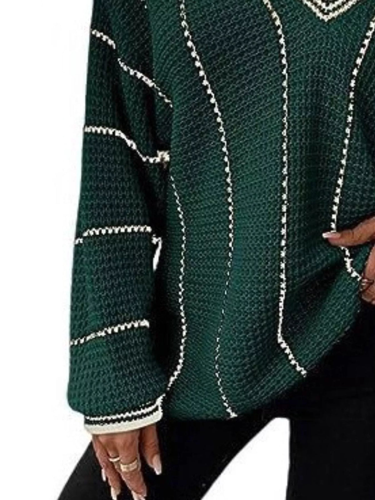 Dark green V-neck textured knit sweater with long sleeves and white striped bands