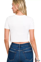 White seamless cropped short sleeve tee, back view with crew neckline