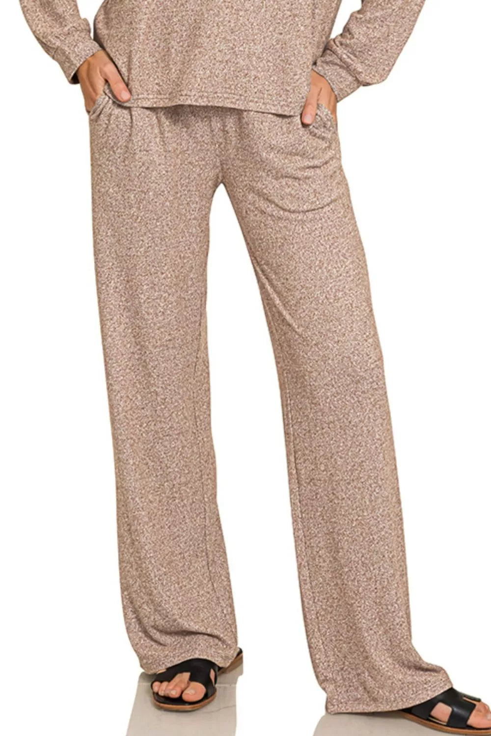 Brown heather knit wide-leg pants with elastic waistband and side seams.