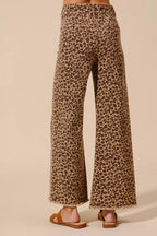 SO ME Leopard Twill Wide Leg Pants – Mid Rise with Frayed Hem Detail