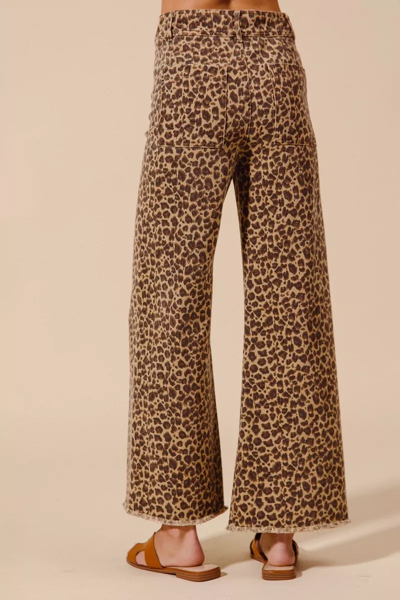 SO ME Leopard Twill Wide Leg Pants – Mid Rise with Frayed Hem Detail