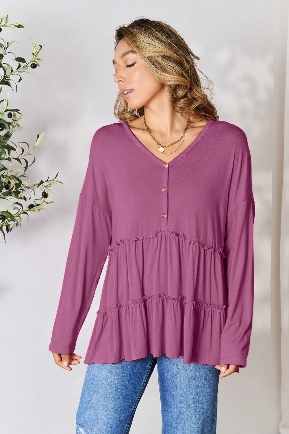 Half Button Ruffle Hem Blouse – Feminine, Flowy & Versatile