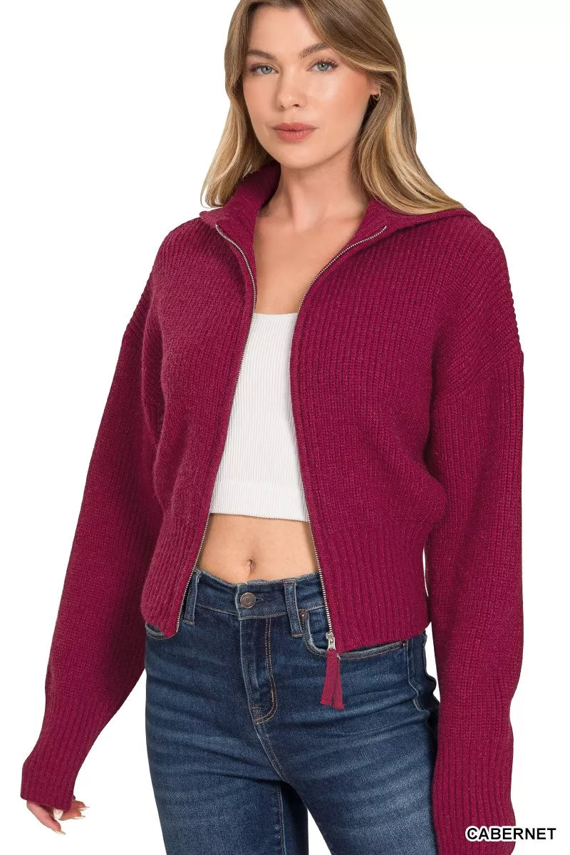 Zenana Ribbed Collared Zip Up Sweater – Cozy & Stylish Cardigan Look