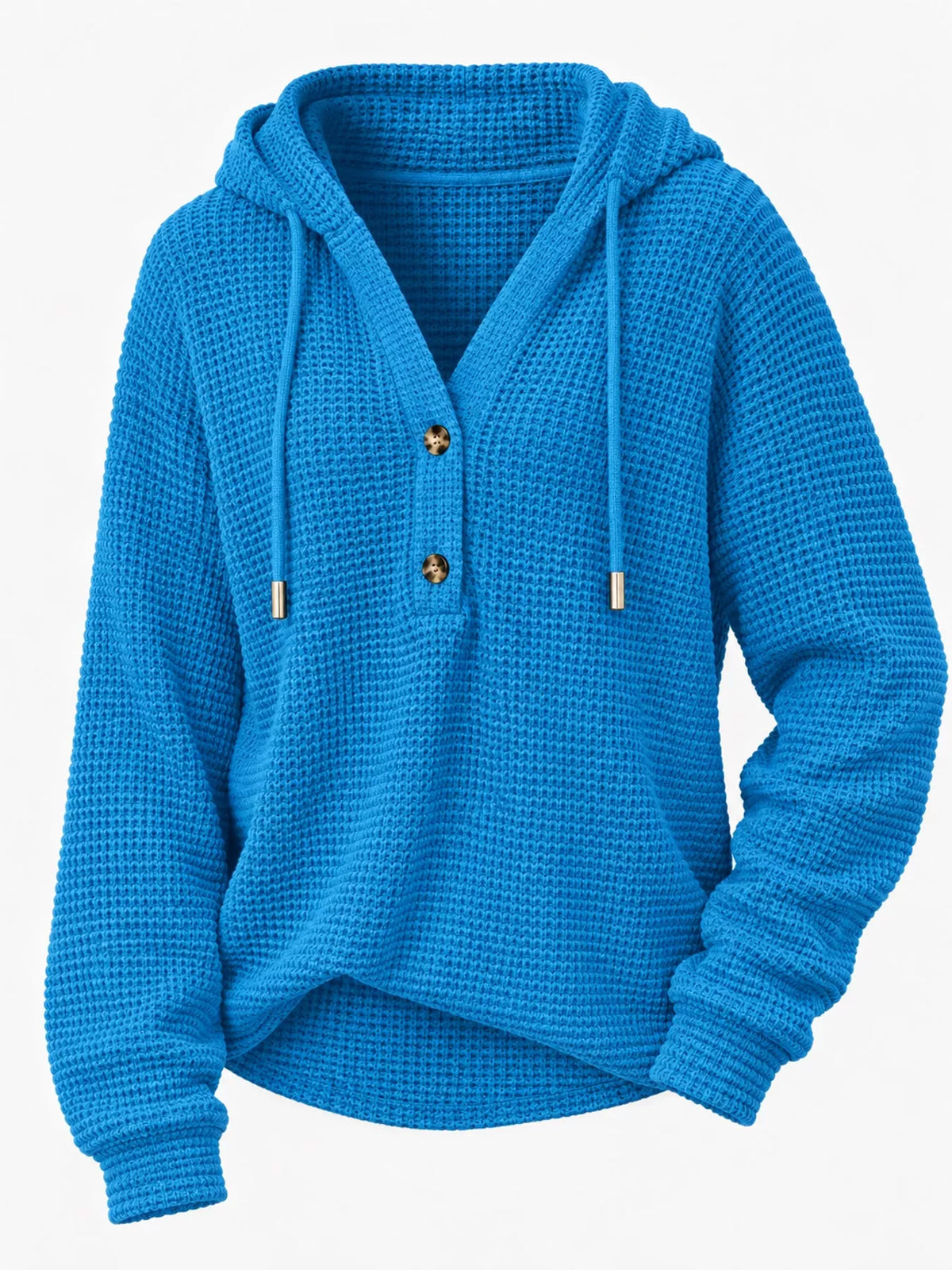Bright blue waffle-knit button hoodie with hood, drawstring ties, and long sleeves.