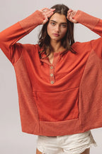 French Terry Henley Top with Side Block Detail & Button Accents