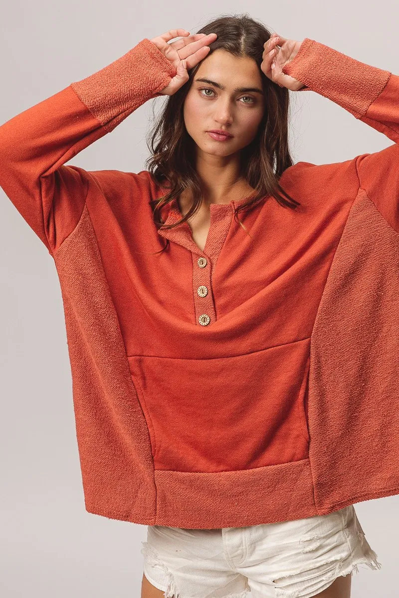 French Terry Henley Top with Side Block Detail & Button Accents