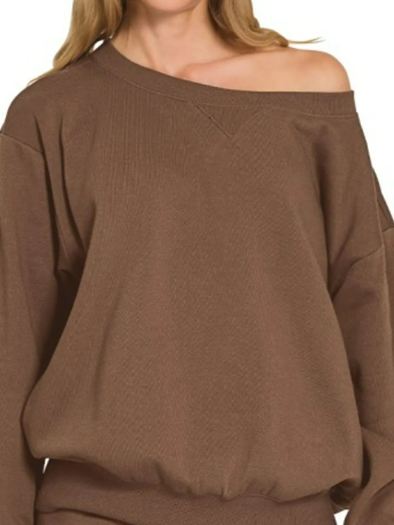 Brown Ribbed Knit Off-Shoulder Lounge Set – Cozy Chic Two-Piece