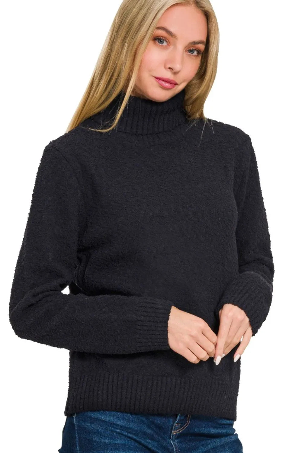 Black Turtleneck Sweater – Textured Knit & Relaxed Fit