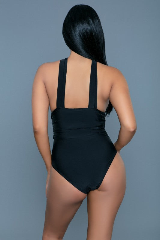Black backless one-piece swimsuit with wide crisscross strap and ruched bodice