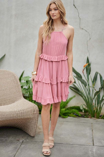 Davi & Dani Solid Ruffle Sleeveless Mini Dress