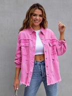 Distressed Drop Shoulder Denim Jacket – Casual Oversized Style