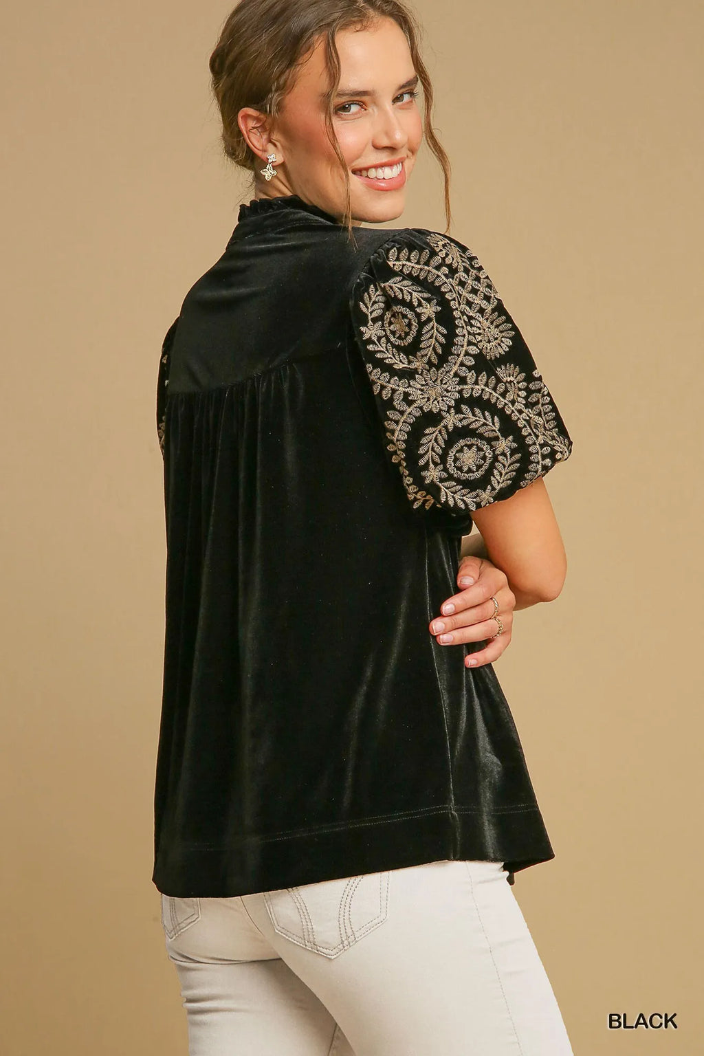 Velvet Embroidered Sleeve Blouse Luxe Ruched Top with Elegant Detailing