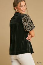 Velvet Embroidered Sleeve Blouse Luxe Ruched Top with Elegant Detailing