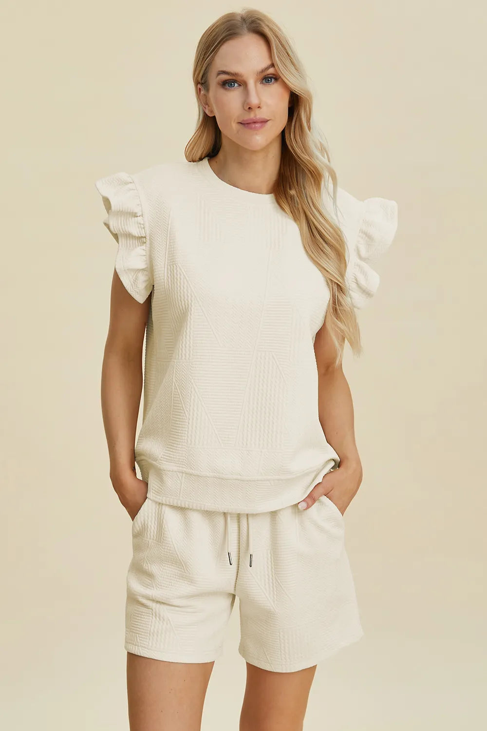Textured Ruffle Sleeve Top & Shorts Set – Cute, Comfy & Stylish