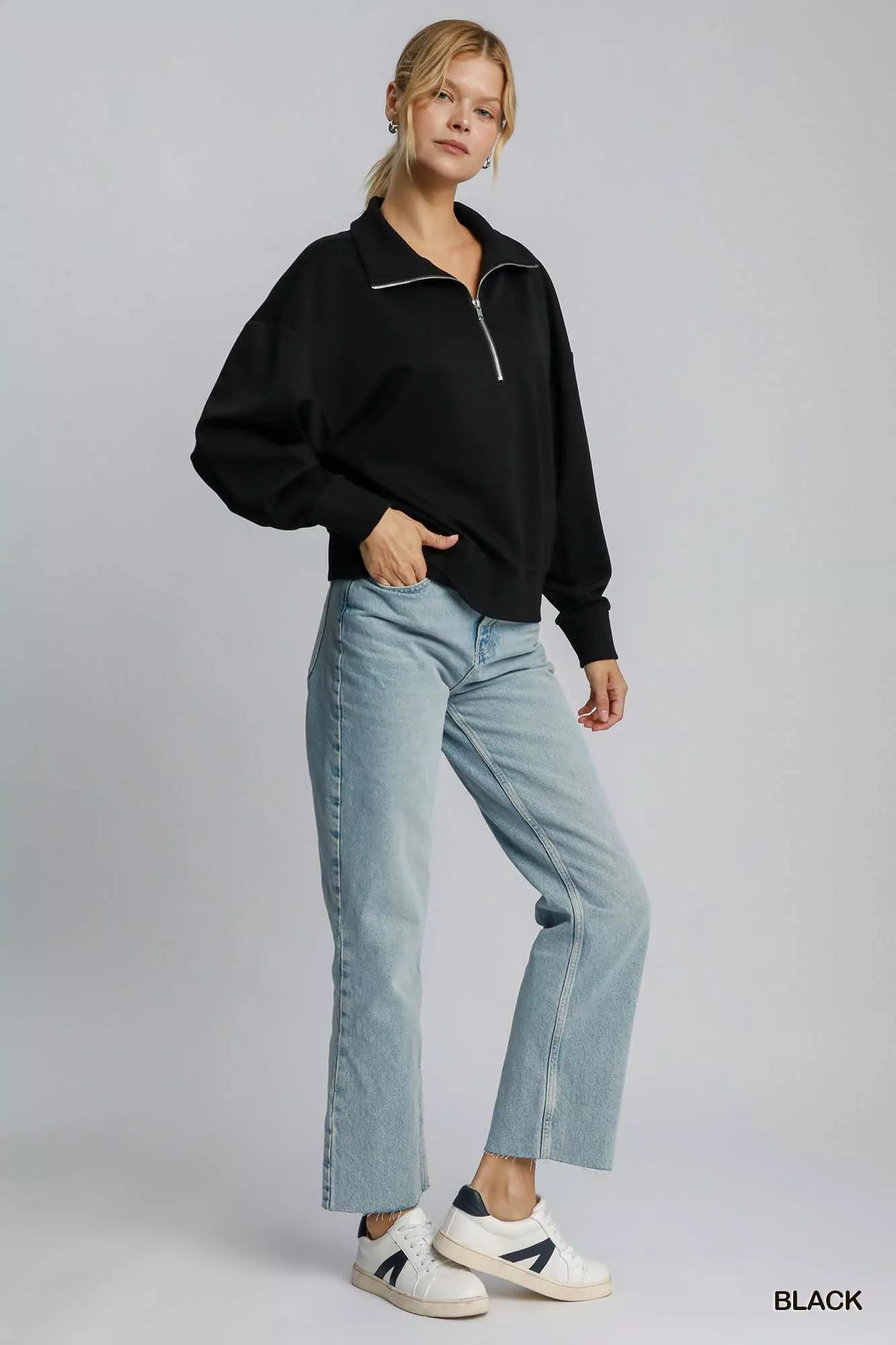 Umgee Half Zip Drop Shoulder Sweatshirt – Casual Chic Everyday Comfort