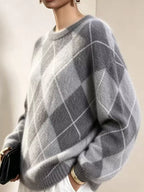Fuzzy argyle knit sweater in gray with white diamond pattern and ribbed crew neck